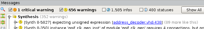 Screenshot showing Vivado warnings